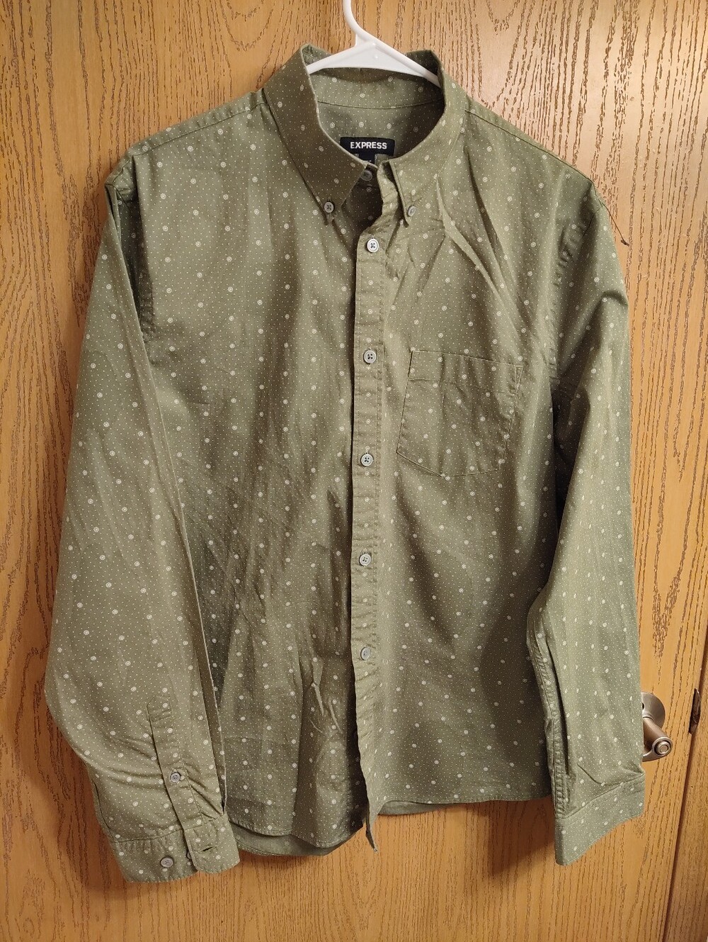 Express Men's Olive Green Dot Button-Down Shirt
